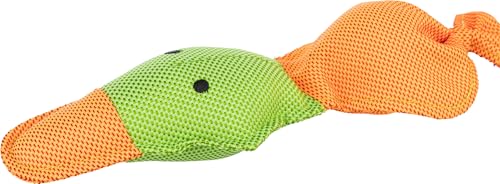 TRIXIE Ente Hundespielzeug - mit Stimme - Schwimmt komplett auf der Wasseroberfläche - 50 cm lang - orange/grün - 36207