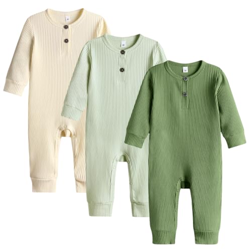 Image of Bafeicao Baby Boy Girl 2/3 Pack Solid Romper Ribbed Short/Long Sleeve Bodysuit Jumpsuit Infant Knitted Outfits Clothes