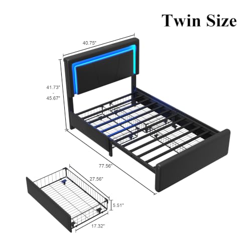 Image of Twin Size Bed Frame with 4 Storage Drawers, Upholstered Headboard, Black
