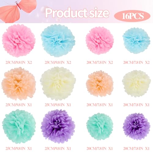 Image of BestoFun 16Pcs Pastel Party Decorations - Pom Poms, Paper Flowers for Wedding, Birthday, Engagement Receptions, Bridal Shower