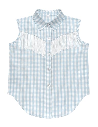 Image of Girls Fringe Shirt Sleeveless Button Down Western Cowgirl Tassel Trim Casual Blouse Shirt Top 4-13Y