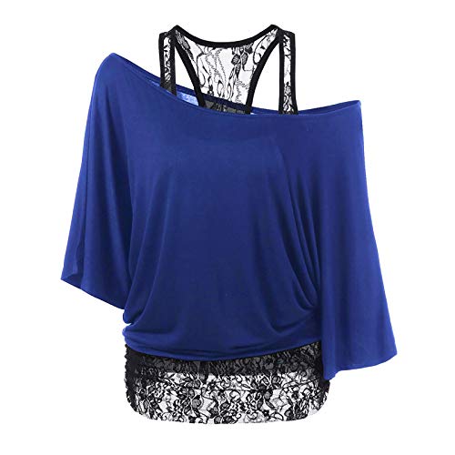 Conjunto de 2 piezas para mujer, talla grande, camiseta de murciélago con hombros descubiertos y sin mangas de encaje, material de blusa de gasa, manga corta, camisas casuales de verano, 1a-azul, XL