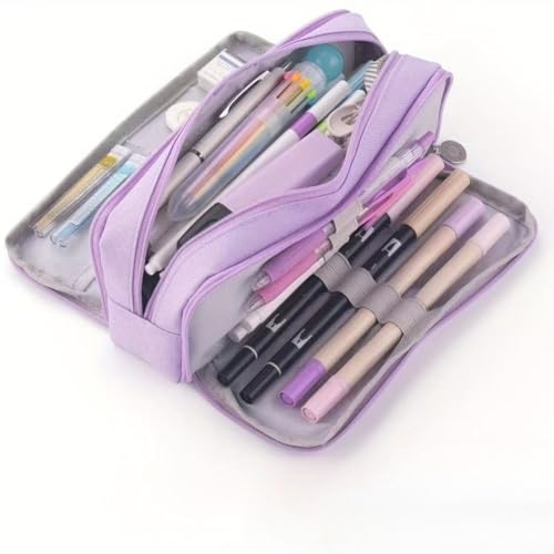 Estojo grande com 3 compartimentos, bolsa de lápis aberta dupla, bolsa de artigos de papelaria de grande capacidade para escritório e casa (roxo)
