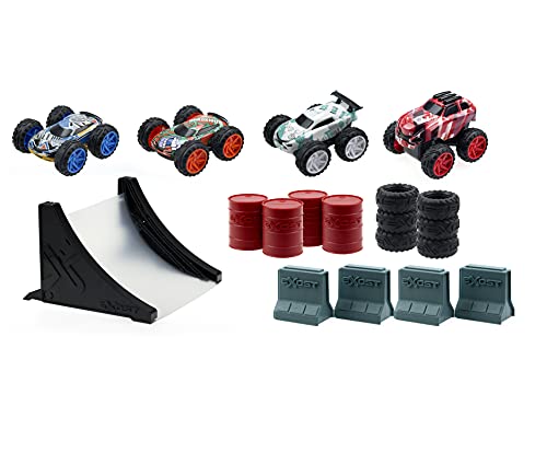 EXOST JUMP Pack 4 Mini Voitures à Friction 8cm et Accessoires - Maxi Circuit - Jouet à Collectionner - Dès 5 ans
