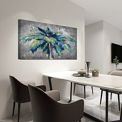 Fushvre Palm Tree Canvas Picture Teal And Golden Tropical Tree Leaves Wall Art For Hawaii Theme Home Office Decor Framed Ready To Hang 24"X36" #TOP1
