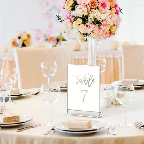 niubee 6pack 5x7 clear acrylic sign holder with sliver borders and vertical stand double sided table menu holders picture frames for wedding table numbers restaurant signs photos and art display