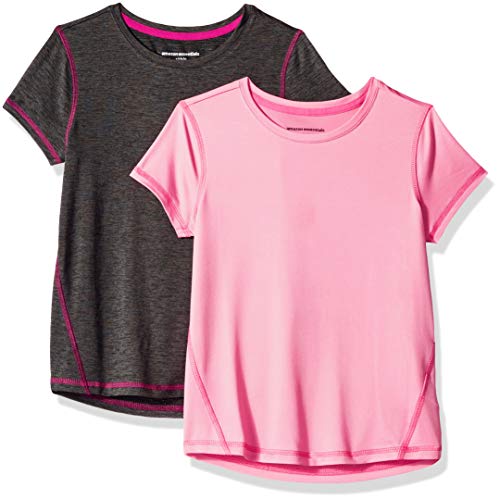 Amazon Essentials Girl's 2-Pack Short-Sleeve Active Tee, Charcoal Heather/Light Pink, M (8)