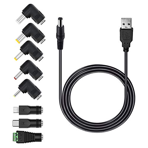 MEROM Câble Universel 5v USB vers DC 5.5mm * 2.1mm avec 8 Jack Connecteurs (5.5mm * 2.5mm 4mm * 1.7mm 4.8mm * 1.7mm 3.5 * 1.35mm 2.5mm * 0.7mm Micro USB, Type-C, Connecteur LED)