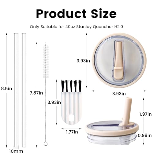 2 Pcs 40 OZ Tumbler Flip Straw Lid Fit for Stanley Quencher, Leakproof Replacement Tumbler Lids, Splash Resistant Tumbler Covers with Straws and Brush for Stanley Cup Accessories (Cream White)