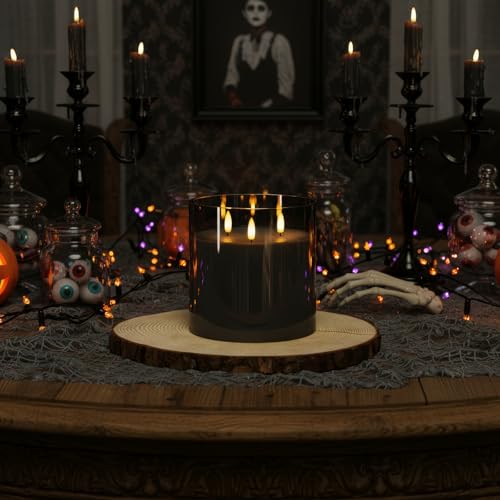 Image of Homemory 6X6'' Extra Large Flameless Candle with 3 Wicks, Glass LED Pillar Candle, Real Wax Battery Operated Candle with Remote Control and Timer, Grey