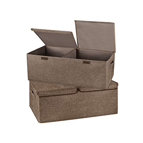 Image of 2 Pack Storage Boxes with Lids and Handles, Collapsible Linen Storage Bins Organizer Containers Baskets Cube with Removable Divider for Home Bedroom Closet Office (Coffee, Small)