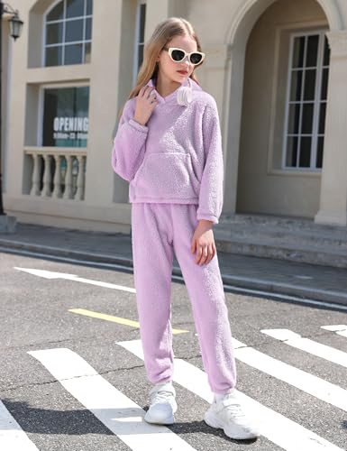 Image of Shallmu Girl Clothes Size 7-8 Girls Outfits Long Sleeve Fuzzy Bear Ear Purple Hoodie Sweatshirt Sweatpants Little Girls Clothes Winter Warm Girls' Clothing Sets