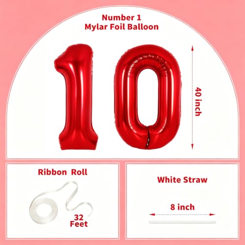 Image of Number Balloons Red Party Balloon - 40 Inch Large Number 10 Balloon, Numbers Balloon Birthday Decorations, Red Party Supplies for Anniversary