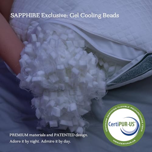 DreamyBlue Gusseted Sapphire Pillow • Adjustable Loft, Luxury Cover, Shredded Memory Foam Fill w/Cooling Beads • Ideal for Wide Shoulders • Neutral Alignment for All • CertiPUR-US Certified (Queen)