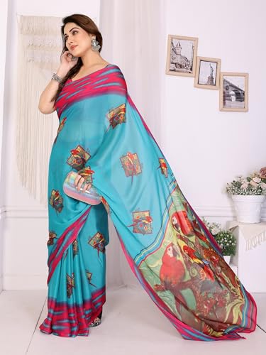 Image of SUPERLAXMI Women's Chiffon Floral Printed Saree with Blouse Piece