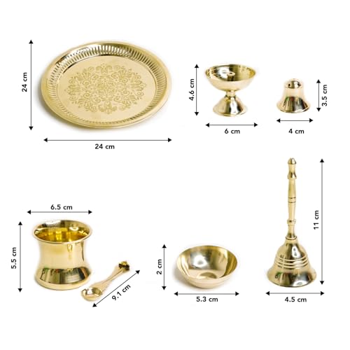 Image of Ekhasa 100% Pure Brass 10 Inch Pooja Thali Set | Puja Thali Set for Home Or Gifting | Brass Aarti Thali For Pooja, Mandir, Wedding, Festivals | Pital Pooja Set Items For Home Decorative | Peetal Plate