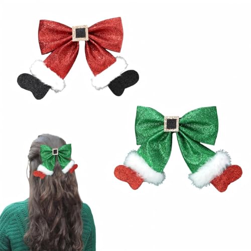 2 Pinzas de Pelo Navideñas con Lazo Brillante Rojo y Verde miniatura 1