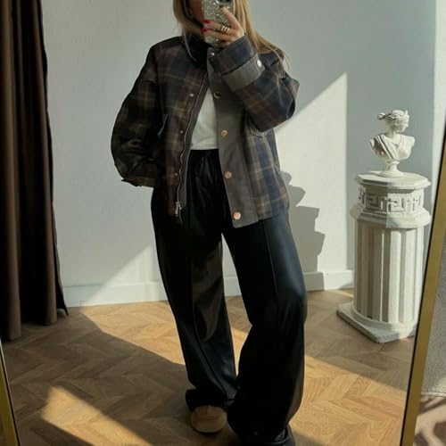 Womens Plaid Casual Fashion Jacket Long Sleeve Lapel Collar Button Up Zipper Shacket Jacket Tops3