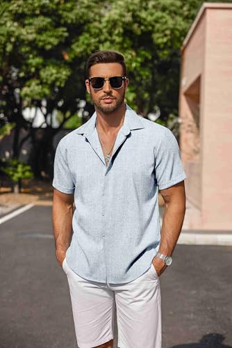 Image of COOFANDY Men's Linen Shirts Short Sleeve Casual Shirts Button Down Shirt for Men Beach Summer Wedding Shirt