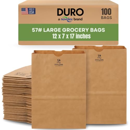 DURO 57# Heavy Duty Brown Grocery Bags, No Handles, 12x7x17 In, 100 Ct