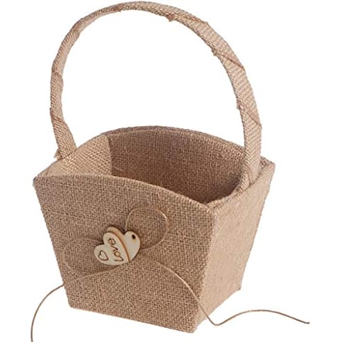 WINOMO Vintage Hochzeitskorb Rustikale Sackleinen Hochzeit Blumenmädchen Korb Holz Herzgriff Cover