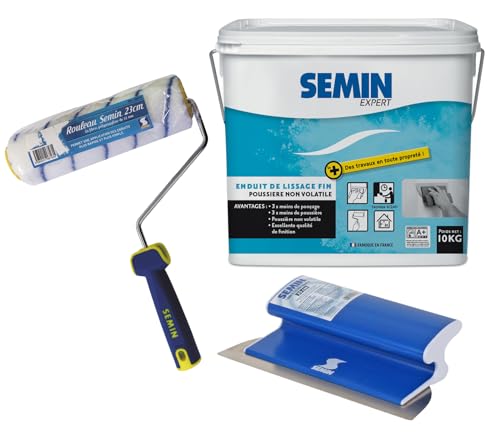 Semin - Enduit de Lissage pour Finition des Murs - Intérieur - Seau de 10 kg, un Rouleau...