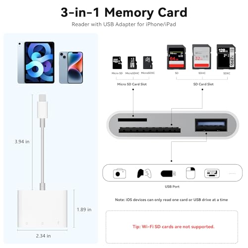 Image of SD Card Reader for iPhone iPad Camera with USB C, Dual Card Slot Memory Card Reader Supports SD /TF Card Trail Camera Viewer SD Card Adapter Portable Micro SD Card Reader No App Plug and Play