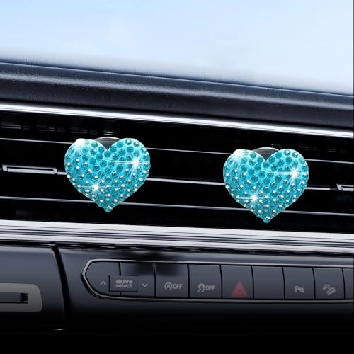 Image of Car Bling Air Vent Clips, 2 Pcs Bling Heart Charm Air Conditioning Outlet Clip, Crystal Rhinestone Accessories, Car Interior Decoration Cute Accessories for Women Girls (Blue, Vanilla)