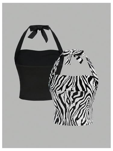Image of SOLY HUX Girl's 2 Piece Halter Tank Top Leopard Print Ruched Tie Backless Sleeveless Y2k Tops