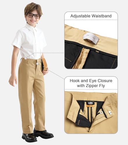 Image of QBK Boys Flat Front Dress Pants Uniform Pants Adjustable Waistband for Toddler to Youth with Pockets