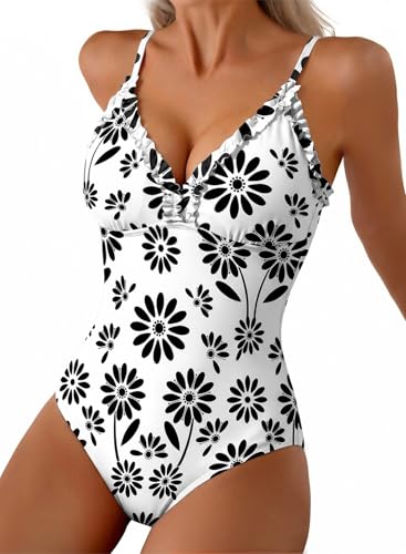 Aleumdr V Neck One Piece Swimsuit for Women Smocked Color Block Tummy Control Bathing Suits Modest Summer Beach Swimwear White X-Large