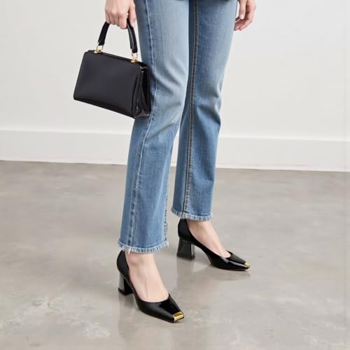 Husmeu Womens Patent Leather Pumps Chunky Heels Metallic Square Toe Casual Work Dressy Pumps4