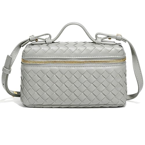 Image of Mini Woven Crossbody Purse Square Box Bags Top-Handle Tote Handbag Shoulder Bag Cute Satchels Trendy (Silver gray-A)