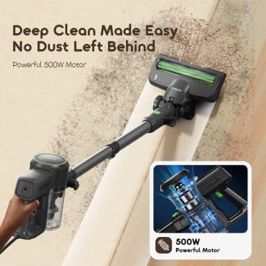 Oraimo CordForce Plus vacuum cleaning a surface, with an inset showing the powerful 500W motor.