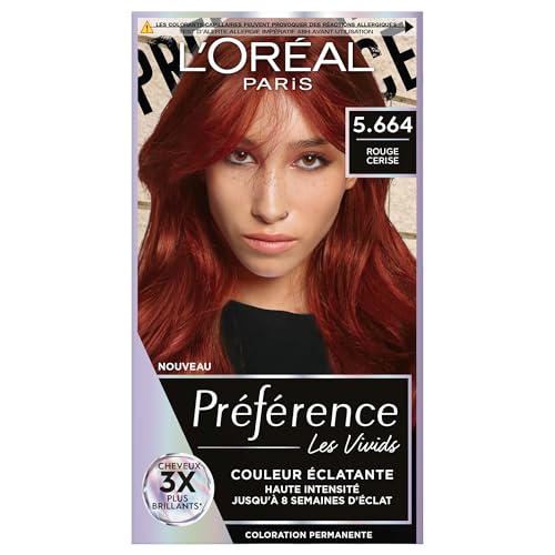 L'ORÉAL PARIS – Tinte permanente – Larga duración & brillante – Cubre 100% cabello blanco – Preferencia Les Vivids – Nuance: rojo cereza (5.664)