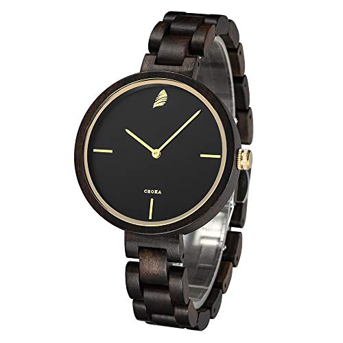 Reloj Madera Mujer, CZOKA 100% Hecho a Mano Natural de Nogal Negro/Oliva/ébano Reloj Mujer Madera Analógico Cuarzo Japonés con Correa de Madera, Ligero, Minimalista