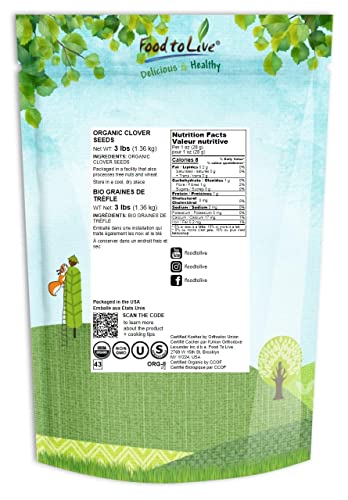 Organic Clover Seeds For Sprouting, 3 Pounds – Non-Gmo, Pure, Vegan, Kosher, Bulk. Edible Seeds. Rich In Vitamins, Minerals, Fiber. Great For Growing Sprouts, Microgreens. High Germitation Rate. #TOP1