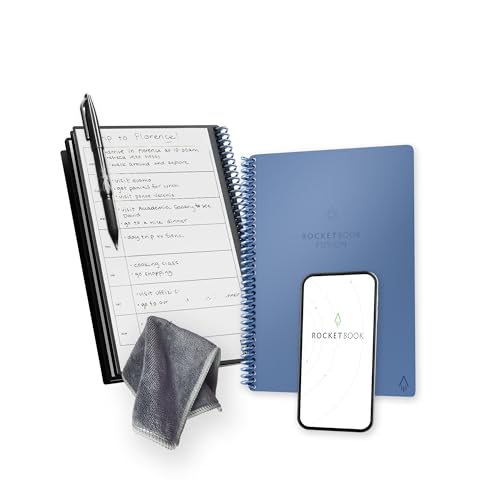 Image of Rocketbook Fusion Reusable Undated Productivity Planner, Executive Size 6x8.8, Steel Blue - Goals, Monthly and Weekly Calendar, Daily To-do List, Lined and Dotted Notes Pages