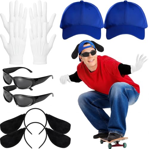 Simlakey 8 Pcs Halloween Black Dog Costume Cartoon Character Costume Hat Ear Headband Glove Sunglass for Adults Cosplay Party