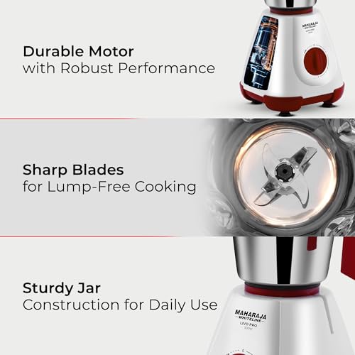 Maharaja Whiteline 500W Livo Pro Mixer Grinder with 3 Stainless Steel Jars with lid and 20,000 RPM Motor Speed (White & Cherry Red)