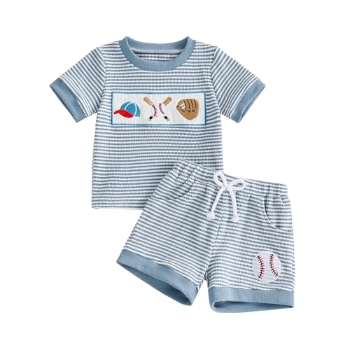 GINEVSAL Toddler Baby Boy Summer Outfits Short Sleeve Striped Baseball/Golf/Football Embroidery Shirt Tops and Shorts Set (Blue 6-12 Months)