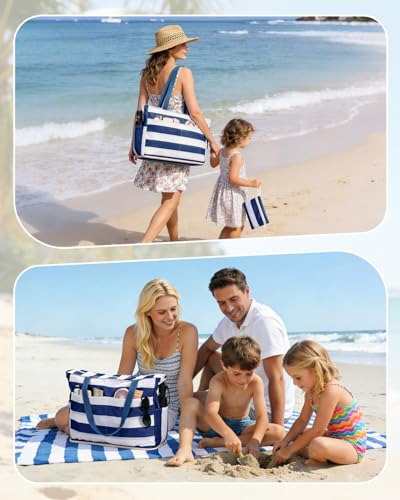Image of WANDF Beach Bags for Women, Large Waterproof Sandproof Beach Tote Bag with Zipper Family Pool Bags with 40oz Tumbler Pocket, Swim Cruise Vacation Essentials (Navy Blue)