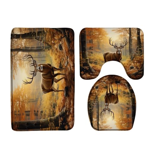 VPUPCN Fall Deer Forest 3 Pcs Bath Rugs Set,Whitetail Elk Wildlife Animal Rustic Cabin Autumn Hunting Nature Bathroom Kitchen Rug with 16