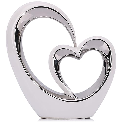 Escultura Doble Corazón de Porcelana Blanca y Plata miniatura 1