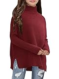 Haloumoning Kids Girls Turtleneck Tunic Sweaters Dress Oversized Long Sleeve Knit Chunky Pullover Jumper with Slit 5-14T Red