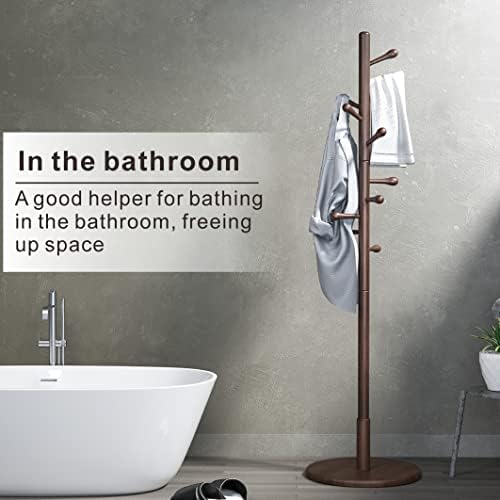 KZOPOGL Wooden Tree Coat Rack Stand Hall Tree Free Standing with 10 Hooks,Hallway Coat Hanger Hat Stand for Bag Clothes Scarves,Walnut Brown