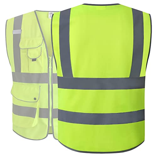 Image of JKSafety 9 Pockets Class 2 High Visibility Zipper Front Safety Vest With Reflective Strips, Yellow Meets ANSI /ISEA Standards (3X-Large-150-Yellow)