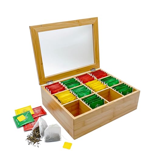 AH® Teebox aus Bambus mit 12 Fächern – Teekiste zur Teebeutel Aufbewahrung mit Sichtfenster & Magnetverschluss, HBT: 9 x 29 x 24 cm, Natur