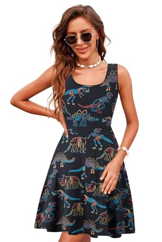 Image of uideazone Women Funny Print Sleeveless U Neck A Line Casual Midi Dress | Soft Stretchy Breathable Fabric Flared Swing Sundress Fitted Waist for Daily Wear 80 /90s Themed Party Beach Vacation Trips