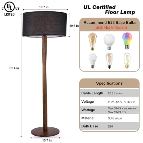Image of 62 inch Tall Rustic Walnut Wood Floor Lamp with Large Linen Shade, Black